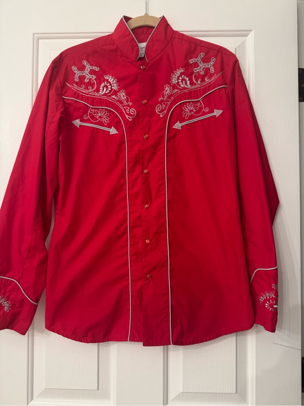 Ace of Diamond USA Red Embroidered Western Pearl Snap Shirt, Size S
